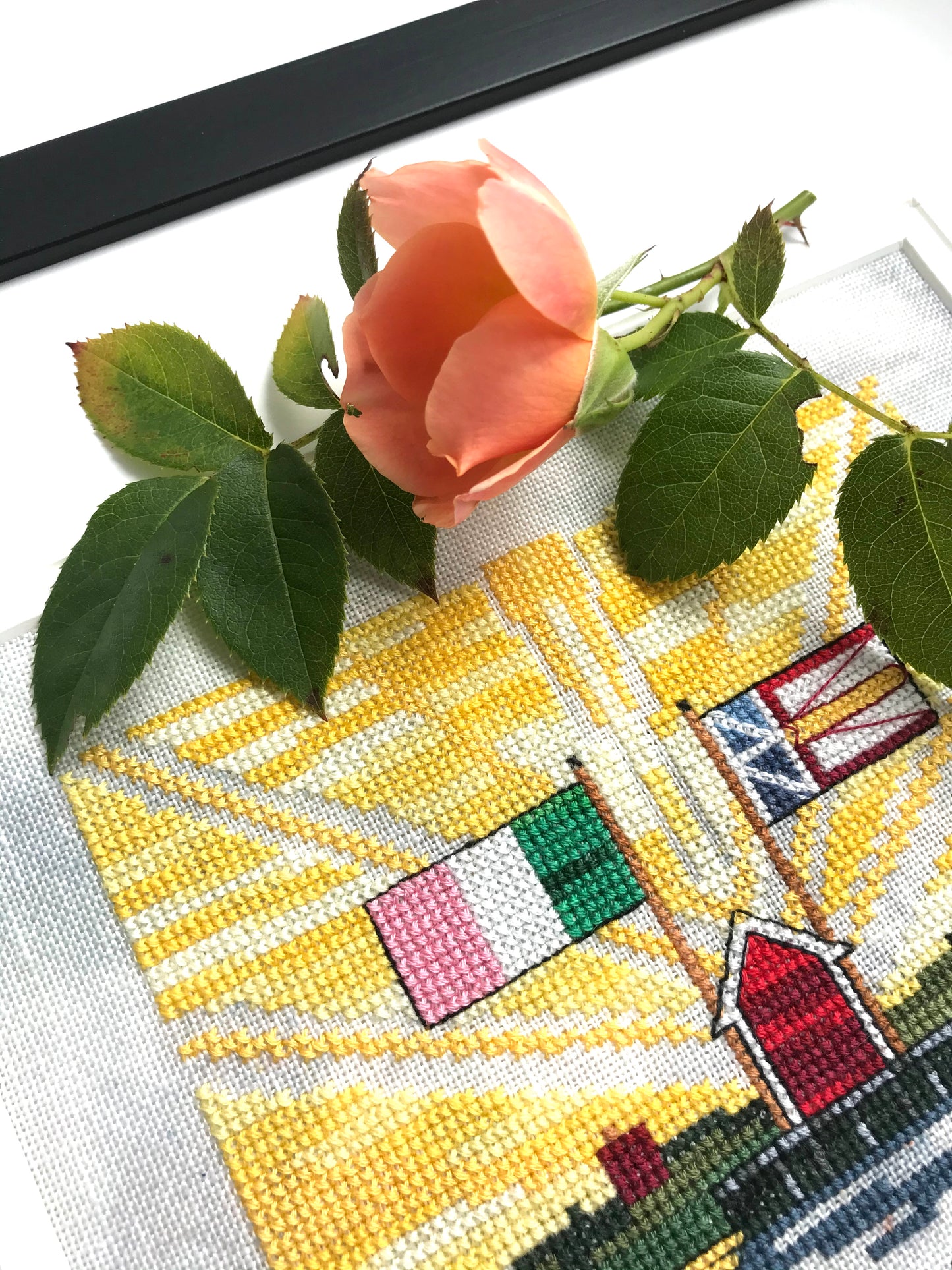 Real peach rose on top of framed stitched yellow sun rays, the Republic of Newfoundland and Newfoundland flags over a fishing stage with a red row house on the hills in the distance.